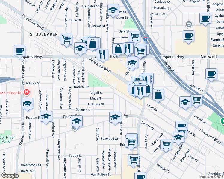 map of restaurants, bars, coffee shops, grocery stores, and more near 11578 Carne Street in Norwalk