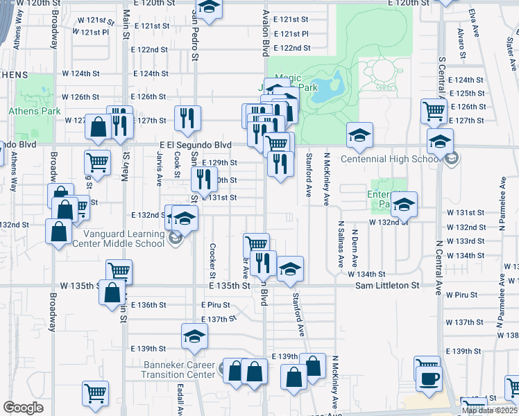 map of restaurants, bars, coffee shops, grocery stores, and more near 13115 Avalon Boulevard in Los Angeles
