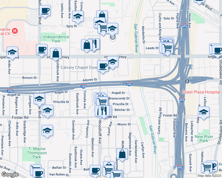 map of restaurants, bars, coffee shops, grocery stores, and more near 10232 Laurelwood Lane in Downey
