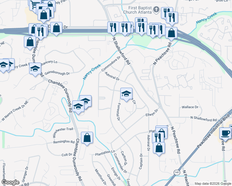 map of restaurants, bars, coffee shops, grocery stores, and more near 2214 Seaman Circle in Atlanta