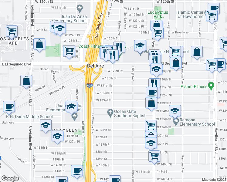 map of restaurants, bars, coffee shops, grocery stores, and more near 5039 West 132nd Street in Hawthorne