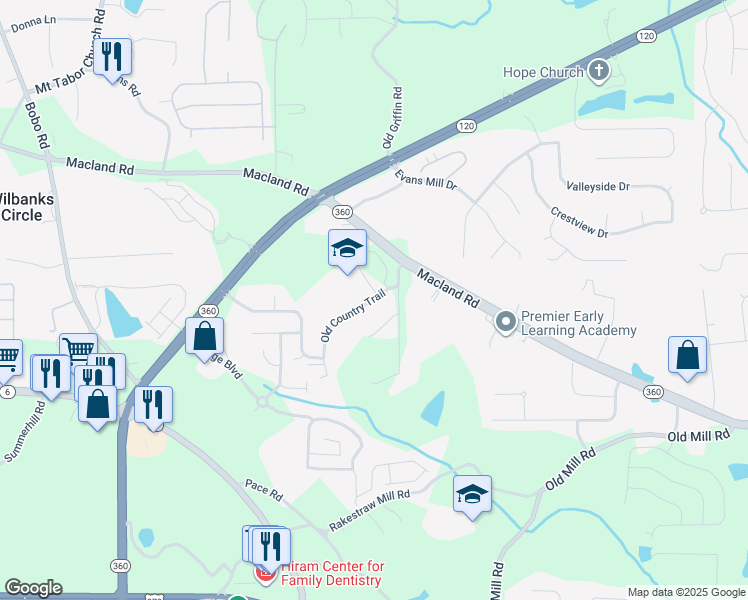map of restaurants, bars, coffee shops, grocery stores, and more near 60 Old Country Trail in Dallas