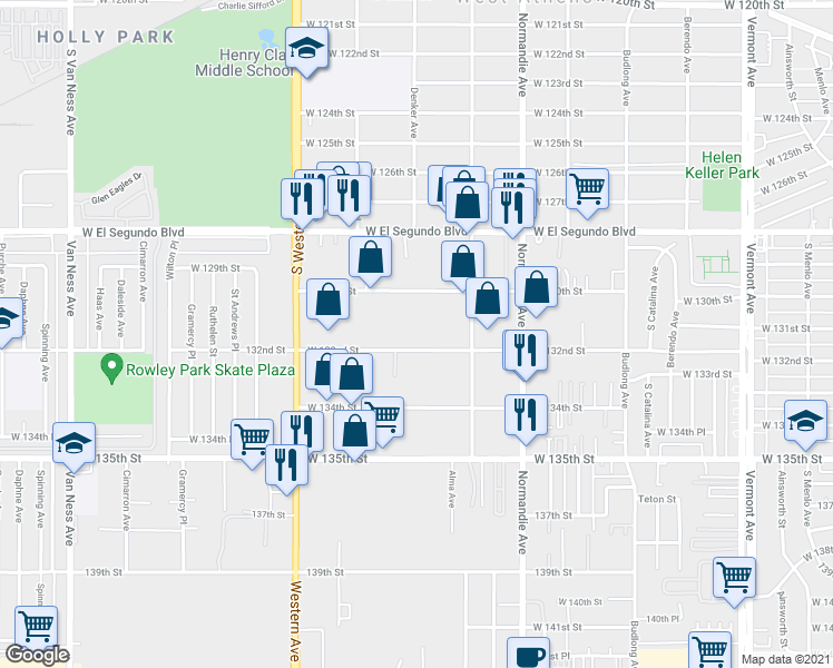 map of restaurants, bars, coffee shops, grocery stores, and more near 1559 West 132nd Street in Gardena