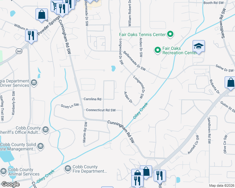 map of restaurants, bars, coffee shops, grocery stores, and more near 1651 Massachusetts Street Southwest in Marietta
