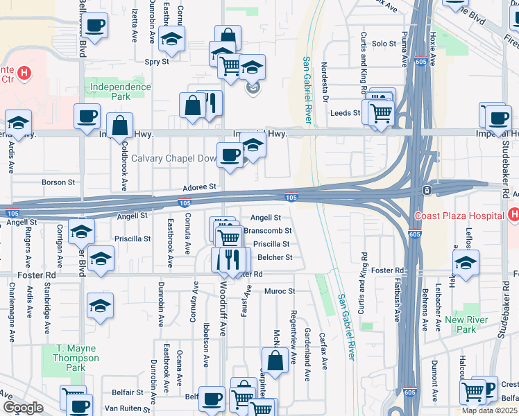 map of restaurants, bars, coffee shops, grocery stores, and more near 10232 Laurelwood Ln in Downey