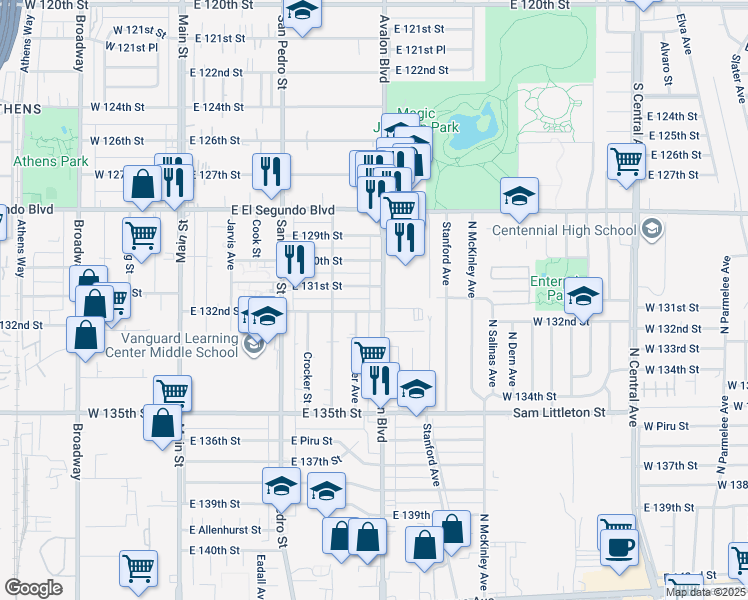 map of restaurants, bars, coffee shops, grocery stores, and more near 13115 Avalon Boulevard in Los Angeles