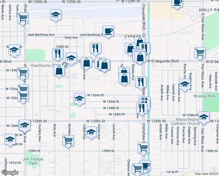 map of restaurants, bars, coffee shops, grocery stores, and more near 13040 Cerise Avenue in Hawthorne