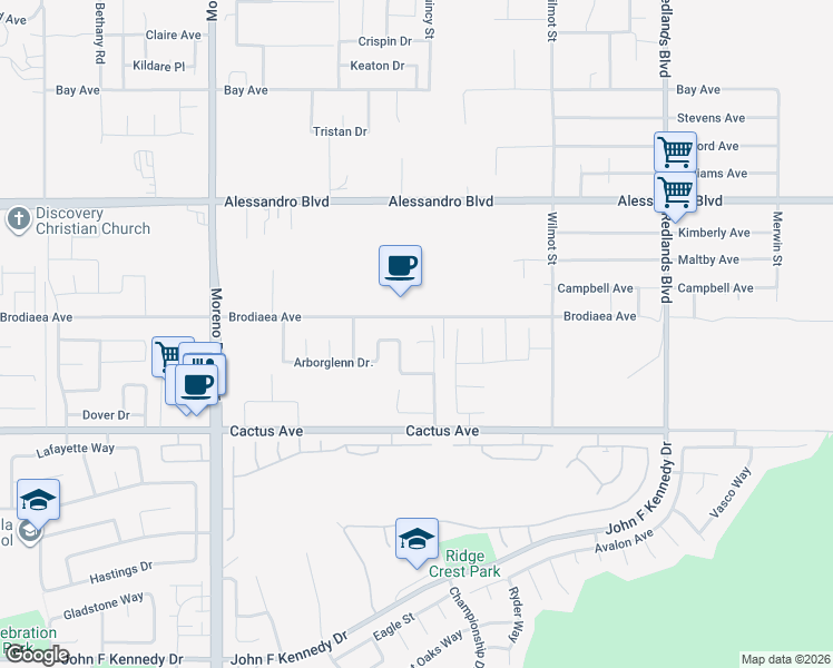 map of restaurants, bars, coffee shops, grocery stores, and more near 28451 Brodiaea Avenue in Moreno Valley