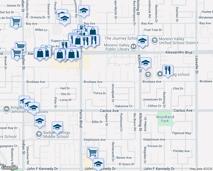 map of restaurants, bars, coffee shops, grocery stores, and more near 25245 Brodiaea Avenue in Moreno Valley