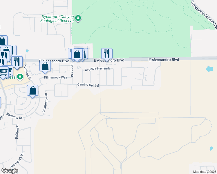 map of restaurants, bars, coffee shops, grocery stores, and more near 14205 Loma Sola in Riverside