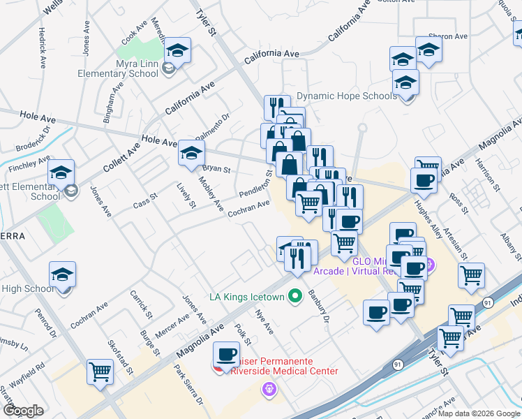 map of restaurants, bars, coffee shops, grocery stores, and more near 10362 Cochran Avenue in Riverside