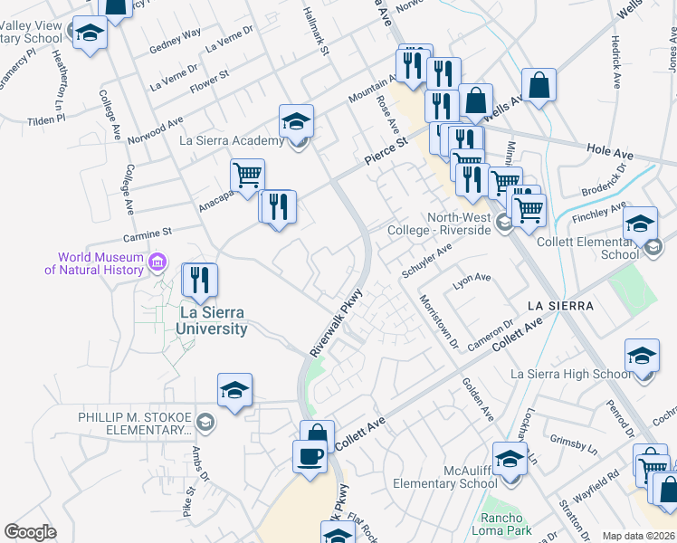 map of restaurants, bars, coffee shops, grocery stores, and more near 4685 Sierra Vista Avenue in Riverside