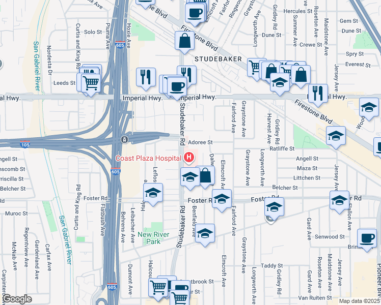 map of restaurants, bars, coffee shops, grocery stores, and more near 11034 Adoree Street in Norwalk