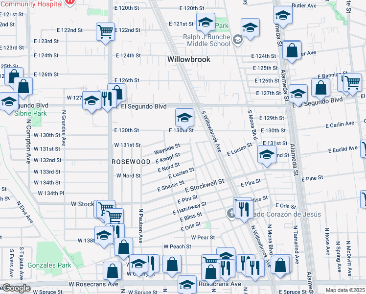 map of restaurants, bars, coffee shops, grocery stores, and more near in Willowbrook