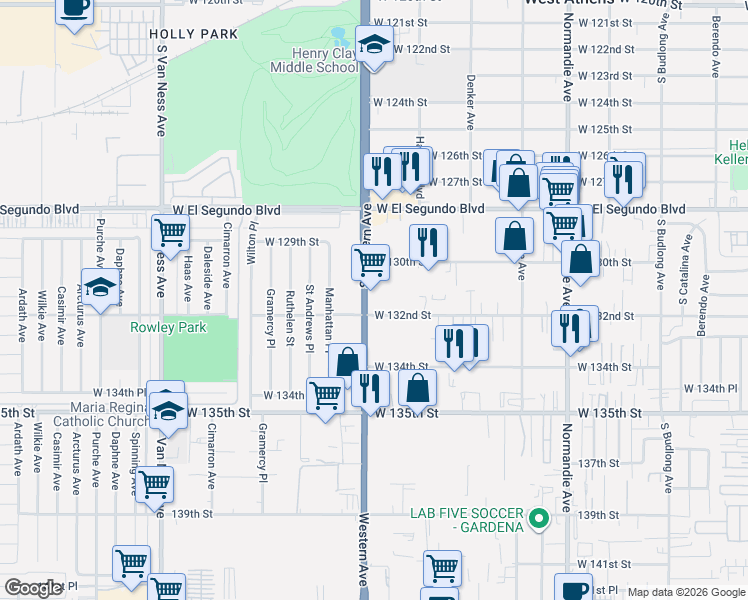 map of restaurants, bars, coffee shops, grocery stores, and more near 1715 West 132nd Street in Gardena