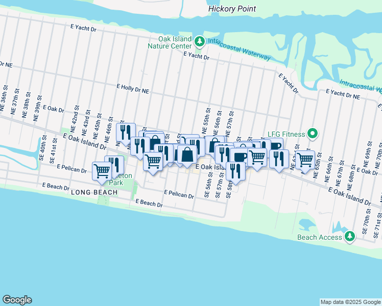 map of restaurants, bars, coffee shops, grocery stores, and more near 108 Northeast 54th Street in Oak Island