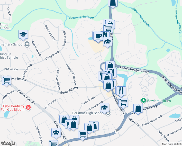 map of restaurants, bars, coffee shops, grocery stores, and more near 626 Burnt Creek Drive Northwest in Lilburn