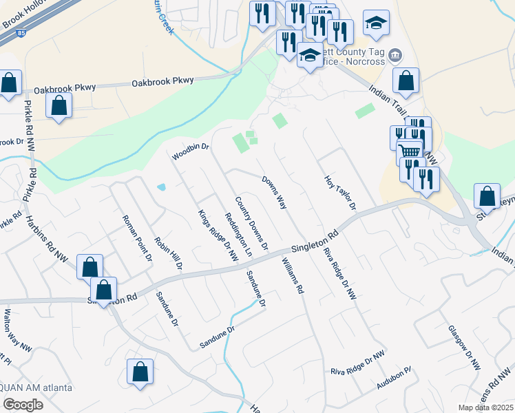 map of restaurants, bars, coffee shops, grocery stores, and more near 5262 Downs Lane Northwest in Norcross
