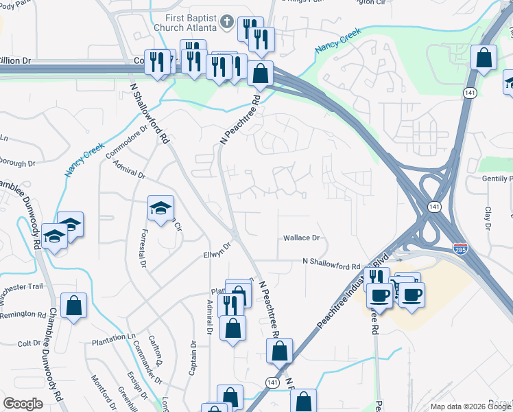 map of restaurants, bars, coffee shops, grocery stores, and more near 700 North Hill Parkway in Atlanta
