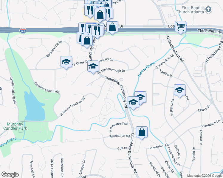 map of restaurants, bars, coffee shops, grocery stores, and more near 1885 Manor Estate in Atlanta