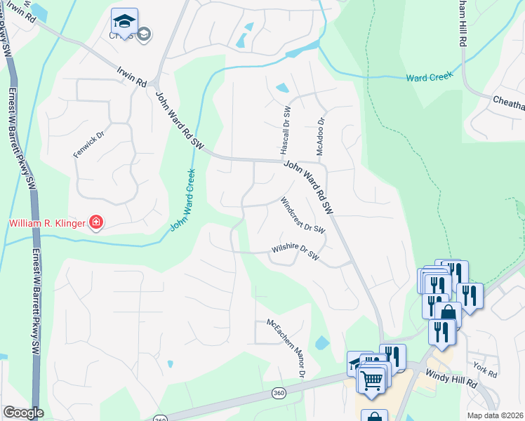 map of restaurants, bars, coffee shops, grocery stores, and more near 2095 Breconridge Drive South West in Marietta