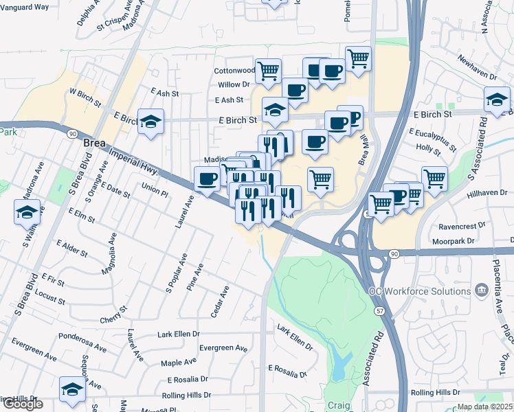 map of restaurants, bars, coffee shops, grocery stores, and more near 1045 Imperial Highway in Brea