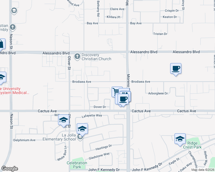 map of restaurants, bars, coffee shops, grocery stores, and more near 27843 Brodiaea Avenue in Moreno Valley