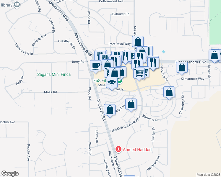 map of restaurants, bars, coffee shops, grocery stores, and more near 19141 Pemberton Place in Riverside