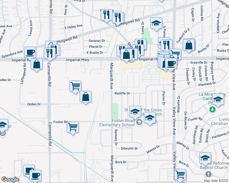 map of restaurants, bars, coffee shops, grocery stores, and more near 13809 Ratliffe Street in La Mirada