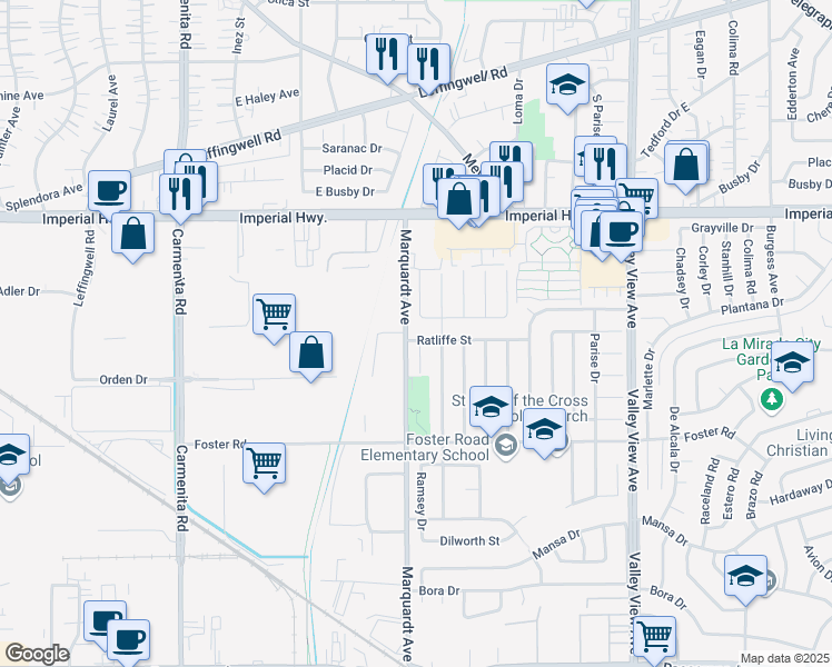 map of restaurants, bars, coffee shops, grocery stores, and more near 12927 Marquardt Avenue in Santa Fe Springs