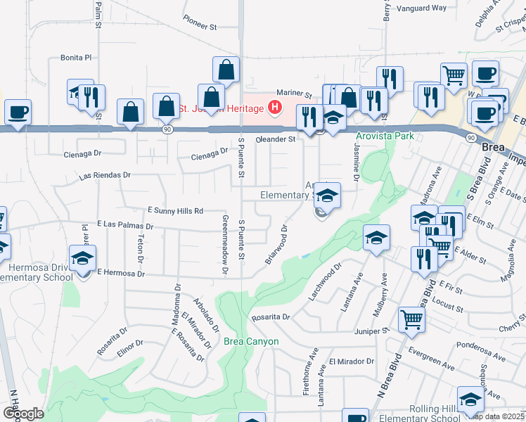 map of restaurants, bars, coffee shops, grocery stores, and more near 520 Linden Way in Brea