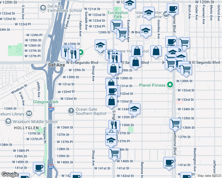 map of restaurants, bars, coffee shops, grocery stores, and more near 4818 West 131st Street in Hawthorne
