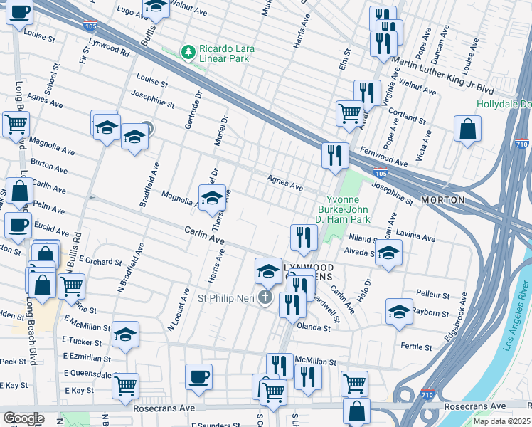 map of restaurants, bars, coffee shops, grocery stores, and more near 4244 Lavinia Avenue in Lynwood