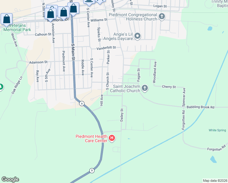 map of restaurants, bars, coffee shops, grocery stores, and more near 204 Ridgeway Drive in Piedmont