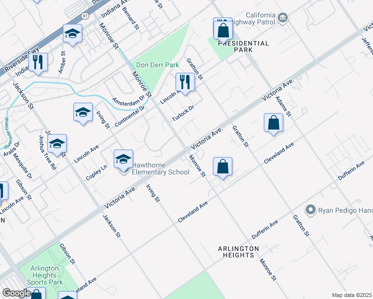 map of restaurants, bars, coffee shops, grocery stores, and more near Victoria Avenue & Monroe Street in Riverside