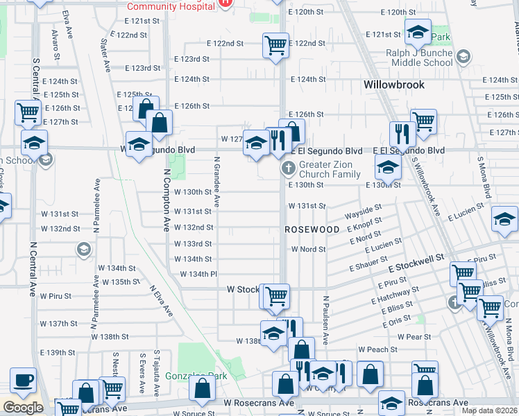 map of restaurants, bars, coffee shops, grocery stores, and more near 833 West 131st Street in Compton