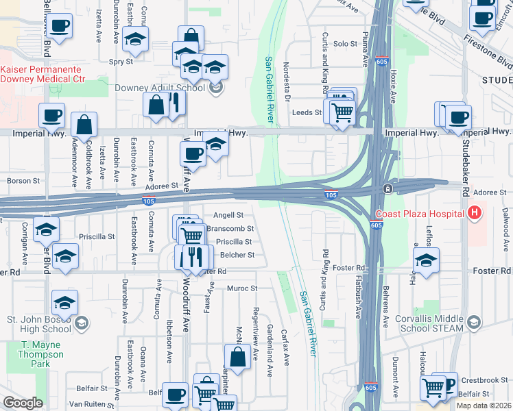 map of restaurants, bars, coffee shops, grocery stores, and more near 13008 Carfax Ave in Downey