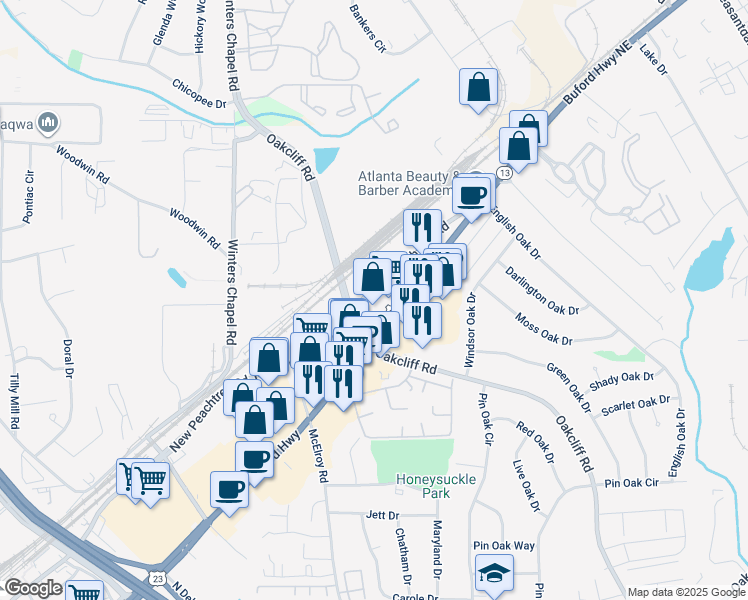 map of restaurants, bars, coffee shops, grocery stores, and more near 6529 New Peachtree Road in Doraville