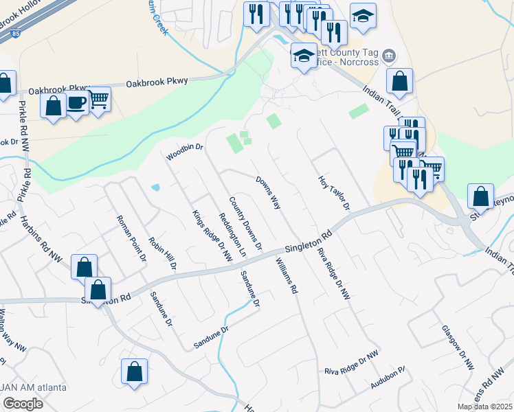 map of restaurants, bars, coffee shops, grocery stores, and more near 5262 Downs Lane Northwest in Norcross