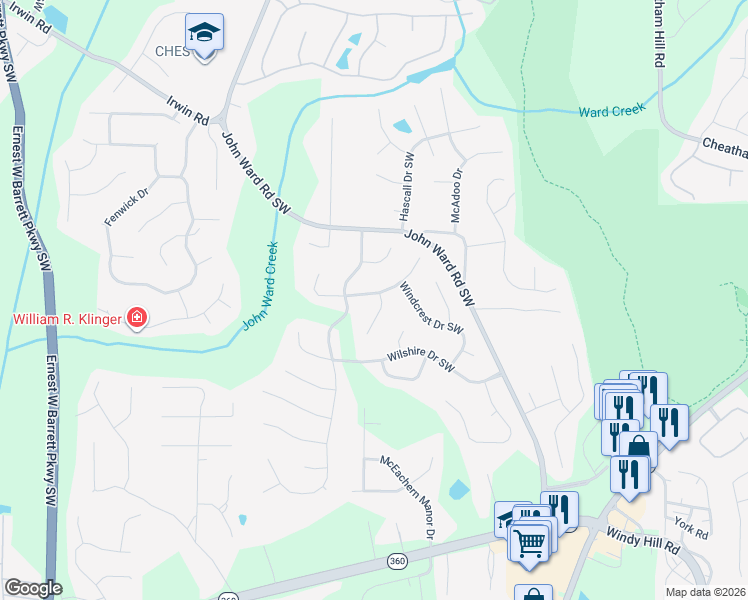 map of restaurants, bars, coffee shops, grocery stores, and more near 2095 Breconridge Drive South West in Marietta
