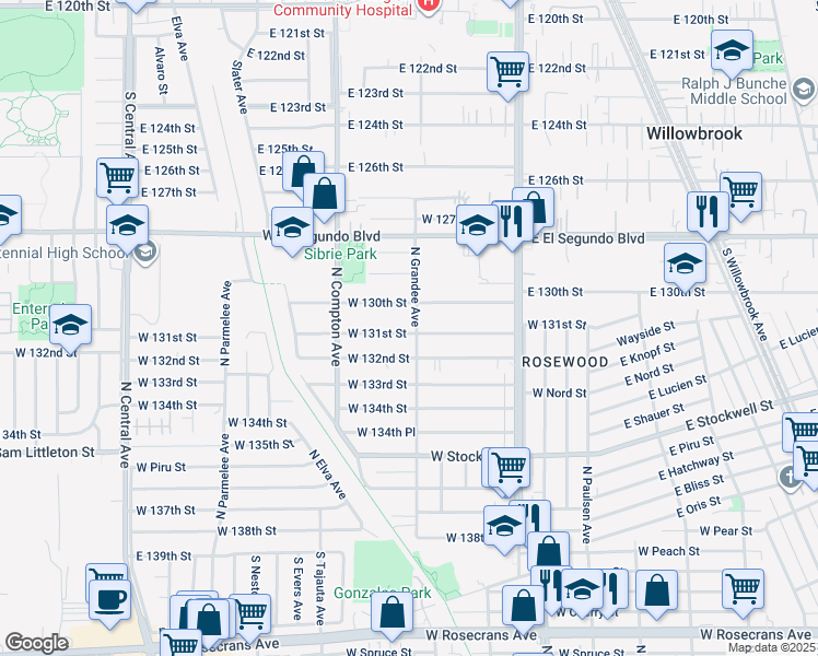 map of restaurants, bars, coffee shops, grocery stores, and more near 1005 West 131st Street in Compton
