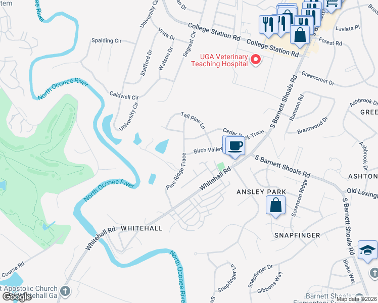map of restaurants, bars, coffee shops, grocery stores, and more near 270 Birch Valley Drive in Athens