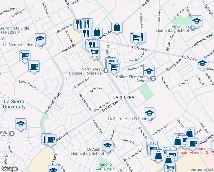 map of restaurants, bars, coffee shops, grocery stores, and more near 4464 Clarksdale Drive in Riverside