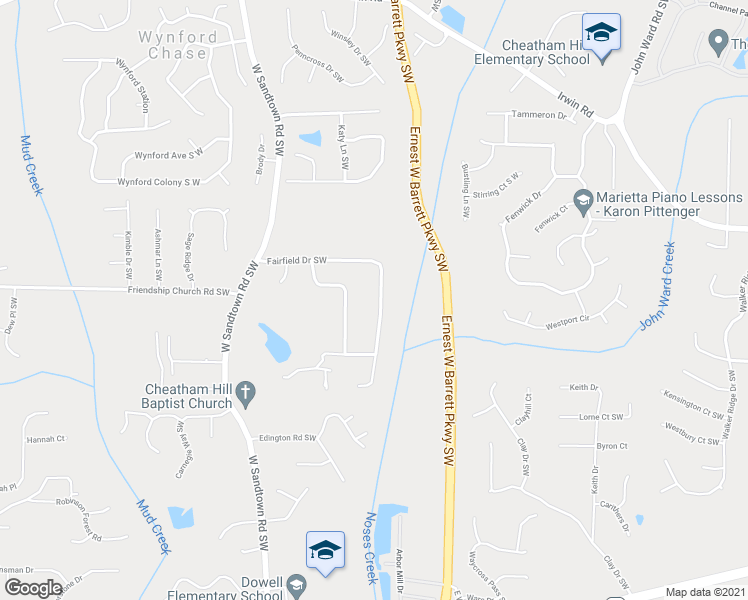 map of restaurants, bars, coffee shops, grocery stores, and more near 2617 Fairfield Drive Southwest in Marietta
