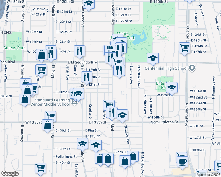 map of restaurants, bars, coffee shops, grocery stores, and more near 13113 Avalon Boulevard in Los Angeles