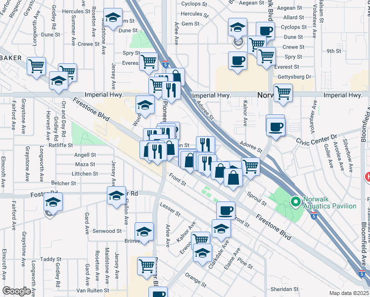 map of restaurants, bars, coffee shops, grocery stores, and more near 11849 Sproul Street in Norwalk