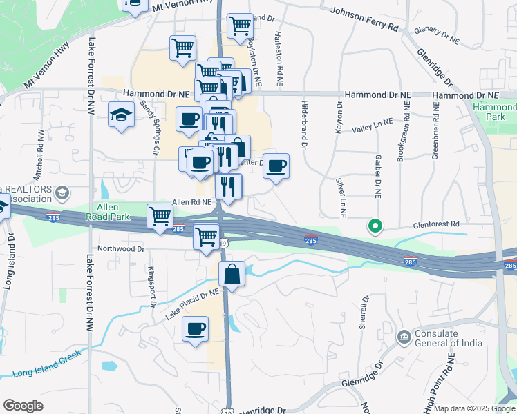 map of restaurants, bars, coffee shops, grocery stores, and more near 346 Carpenter Drive Northeast in Sandy Springs