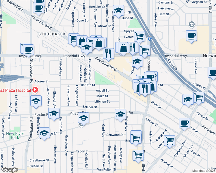 map of restaurants, bars, coffee shops, grocery stores, and more near 11542 Ratliffe Street in Norwalk