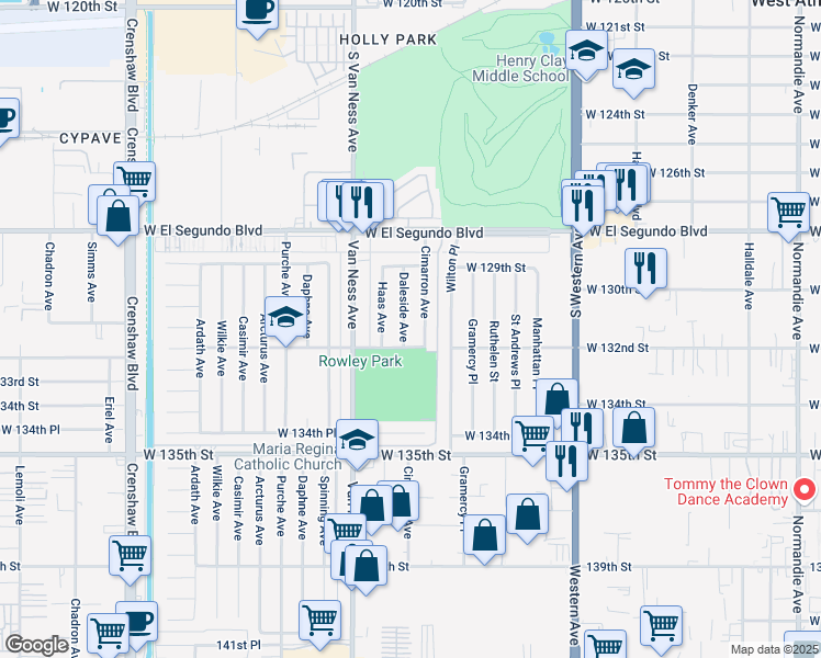 map of restaurants, bars, coffee shops, grocery stores, and more near 13104 Daleside Avenue in Gardena