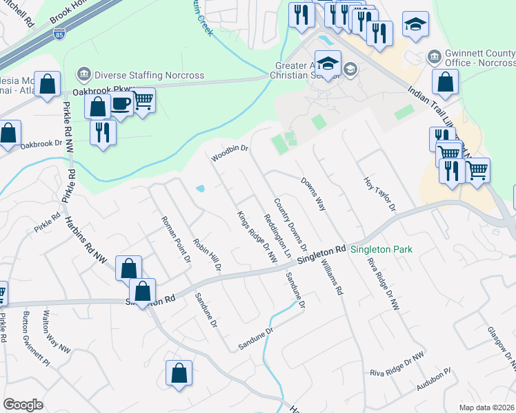 map of restaurants, bars, coffee shops, grocery stores, and more near 5340 Veranda Drive in Norcross